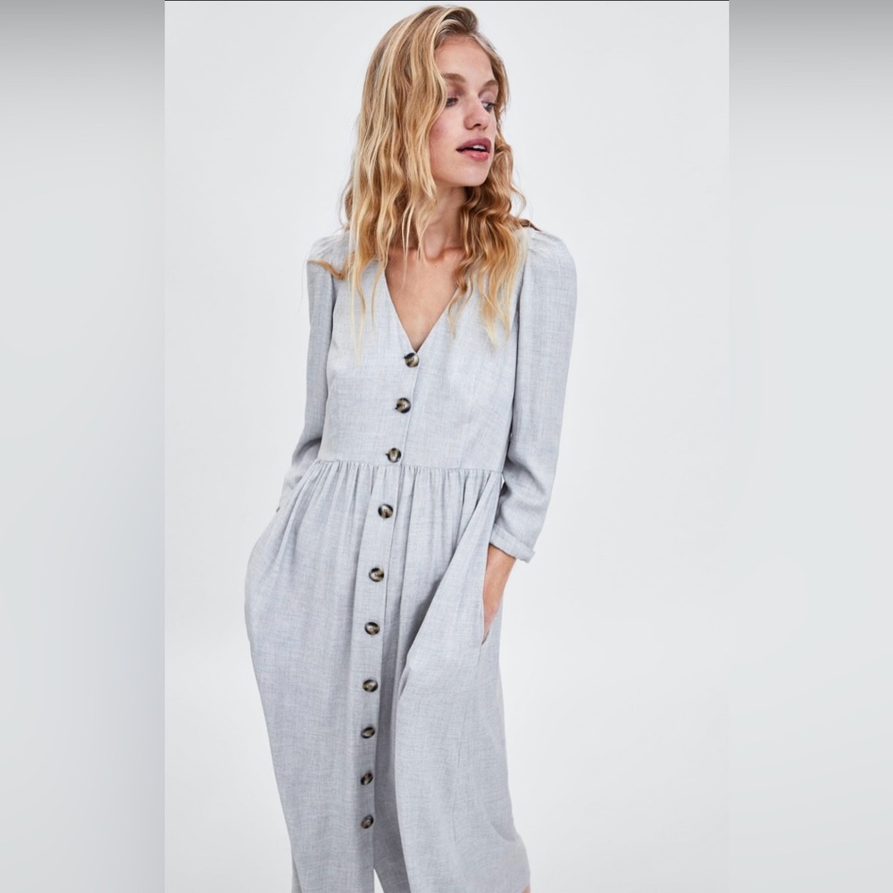 ZARA | Long Sleeve V-Neck Linen-Look Midi Dress with Buttons M - Picture 2 of 9